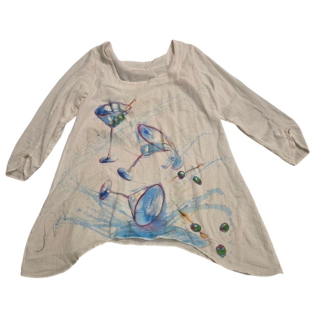VTG Art-To-Wear Hand Painted Martini Jennifer Mcneill Cotton 3/4 Sleeve Tunic L